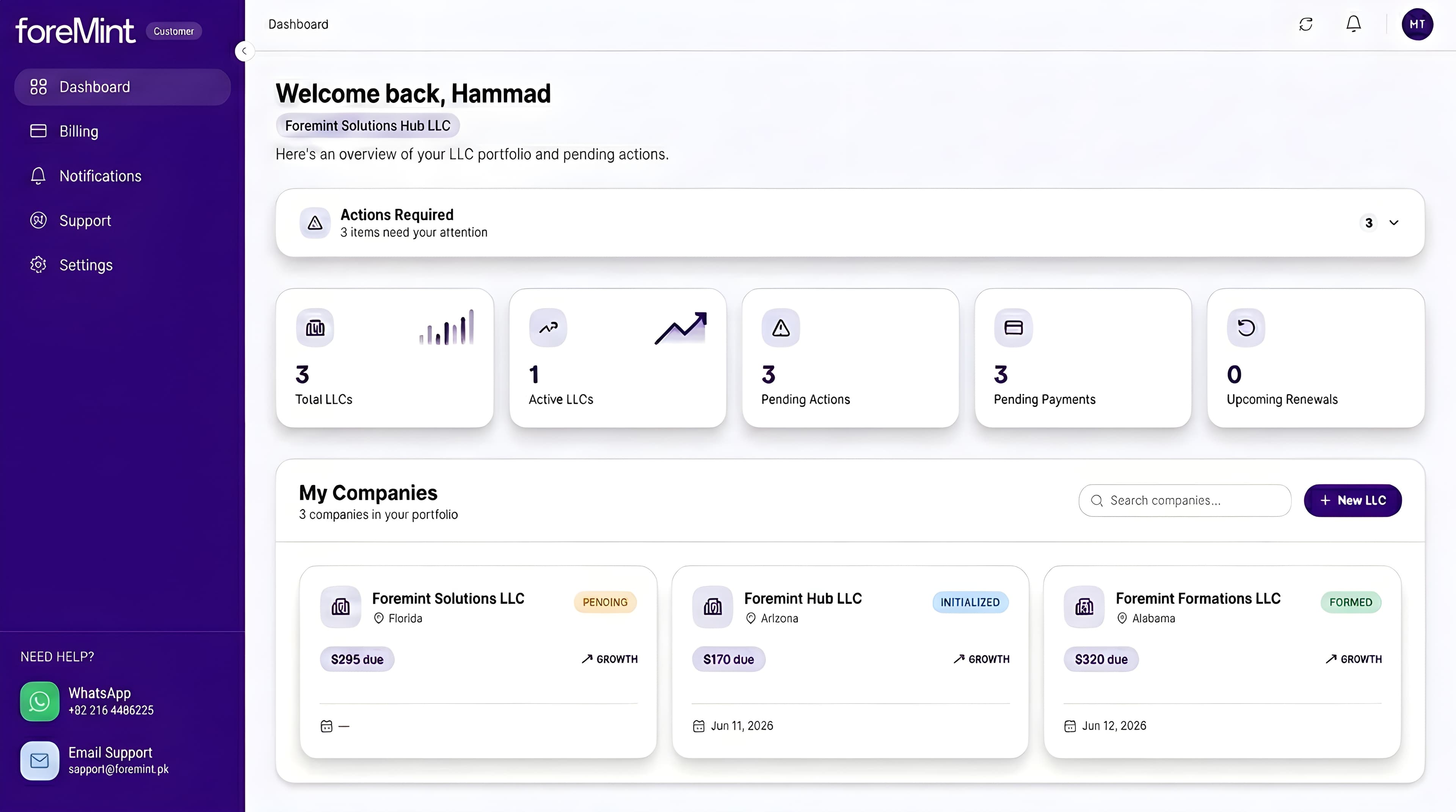 Foremint dashboard: LLC status tracker, payment activity from Stripe PayPal Payoneer, compliance deadlines, and document vault for Pakistani founders